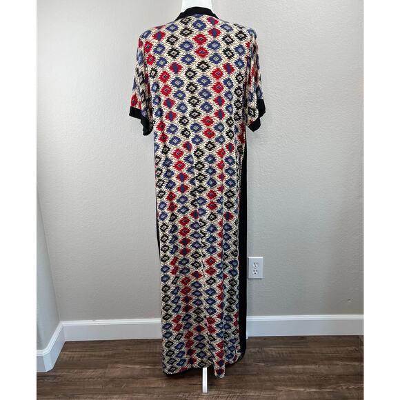 ALM Black Multi Abstract Embroidered V-Neck Boho Ethnic Kaftan Maxi Dress Large - Picture 13 of 13